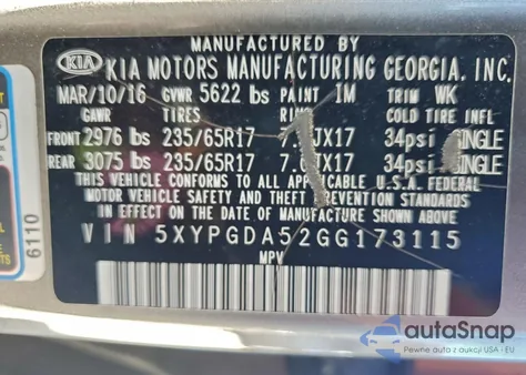 2016 Kia Sorento Lx z USA, uszkodzony, nr VIN 5XYPGDA52GG173115